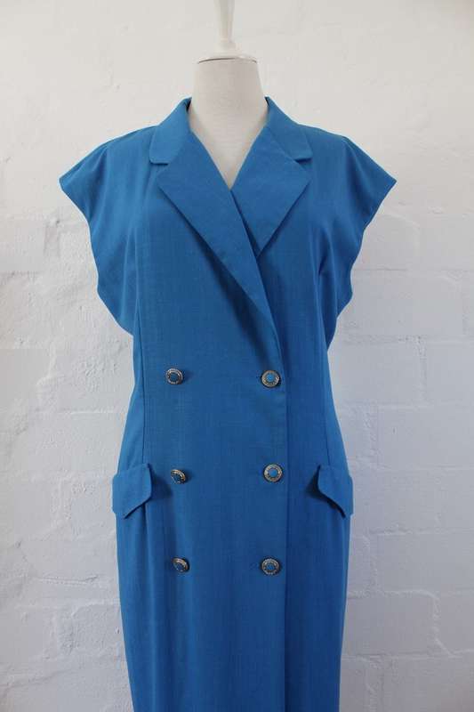 VINTAGE DOUBLE BREASTED BLUE CROSS-OVER DAY DRESS - SIZE 16