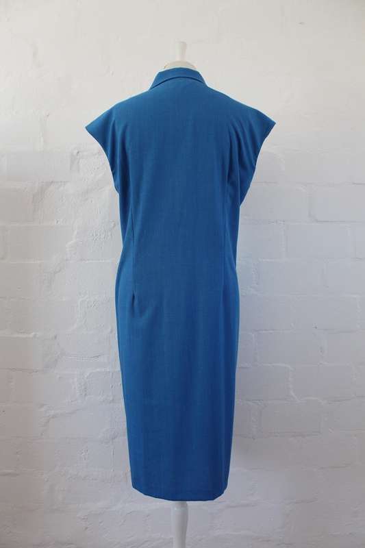 VINTAGE DOUBLE BREASTED BLUE CROSS-OVER DAY DRESS - SIZE 16
