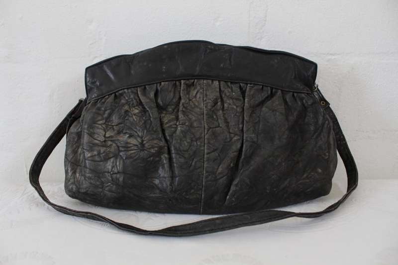 VINTAGE GENUINE LEATHER GREY CRINKLED SHOULDER BAG HANDBAG PURSE