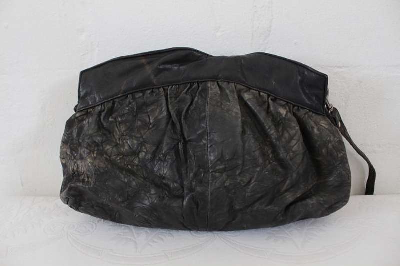 VINTAGE GENUINE LEATHER GREY CRINKLED SHOULDER BAG HANDBAG PURSE
