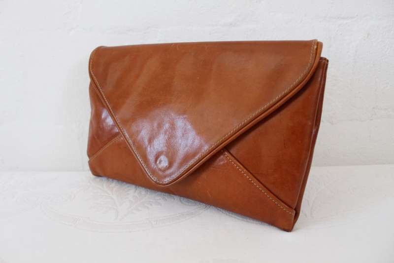 *GOLD PFEIL* VINTAGE DESIGNER GENUINE LEATHER TAN BROWN CLUTCH PURSE BAG