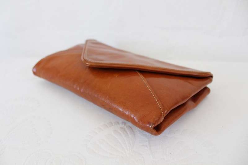 *GOLD PFEIL* VINTAGE DESIGNER GENUINE LEATHER TAN BROWN CLUTCH PURSE BAG