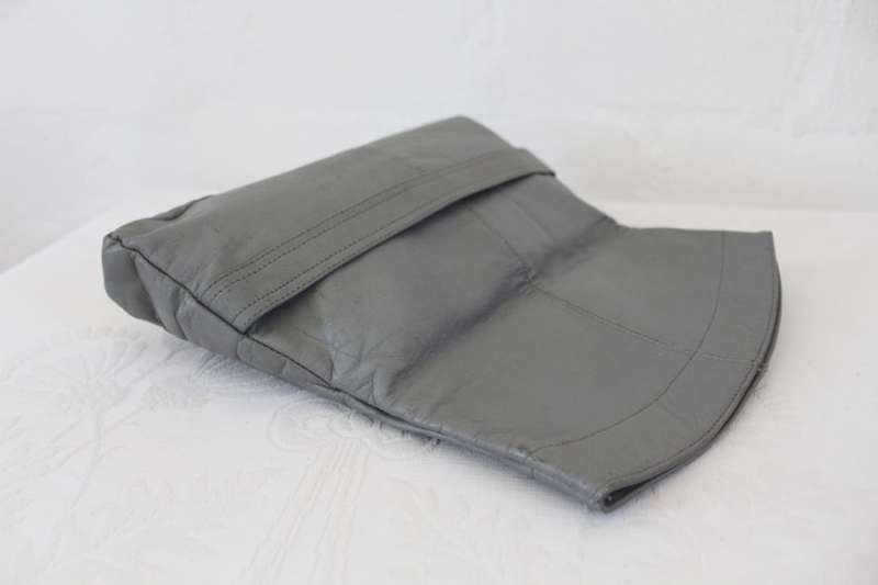 VINTAGE GENUINE LEATHER GREY FOLDOVER CLUTCH BAG PURSE HANDBAG