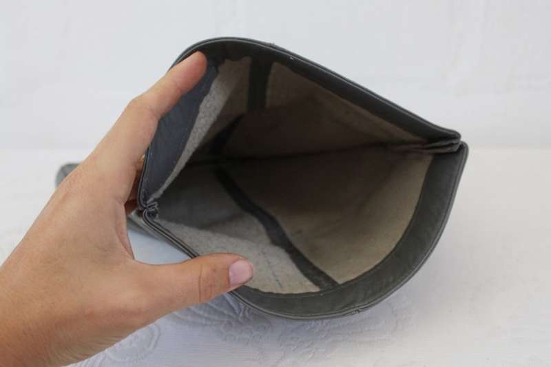 VINTAGE GENUINE LEATHER GREY FOLDOVER CLUTCH BAG PURSE HANDBAG