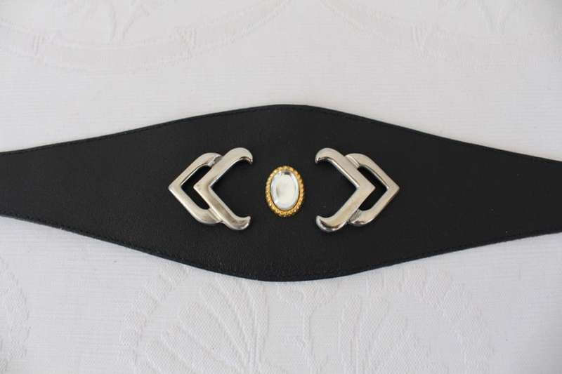 VINTAGE GENUINE LEATHER EMBELLISHED BLACK WIDE WAIST BELT