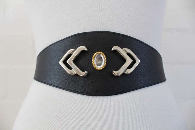 VINTAGE GENUINE LEATHER EMBELLISHED BLACK WIDE WAIST BELT