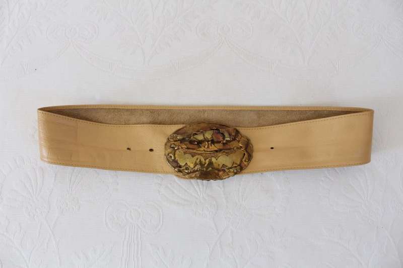 VINTAGE GENUINE LEATHER TAN BROWN BRASS BUCKLE WIDE WAIST BELT