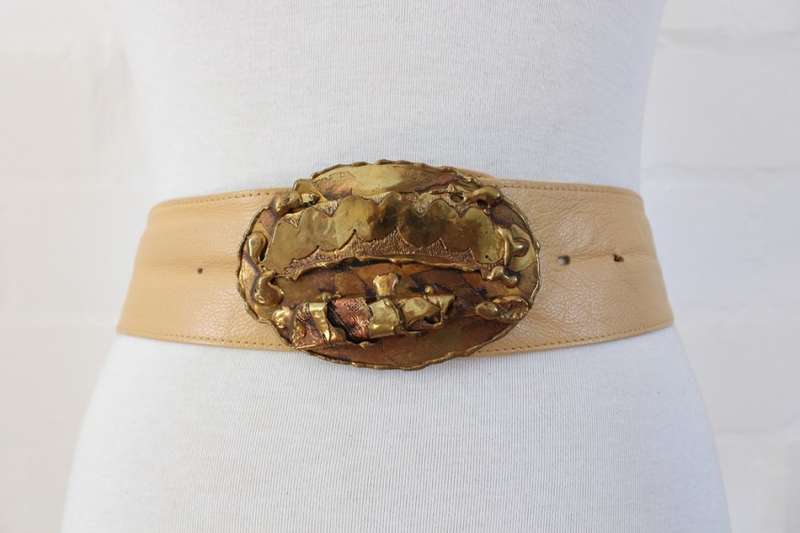 VINTAGE GENUINE LEATHER TAN BROWN BRASS BUCKLE WIDE WAIST BELT