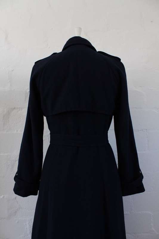 VINTAGE WOOL NAVY BLUE BELTED LONG COAT JACKET - SIZE 10