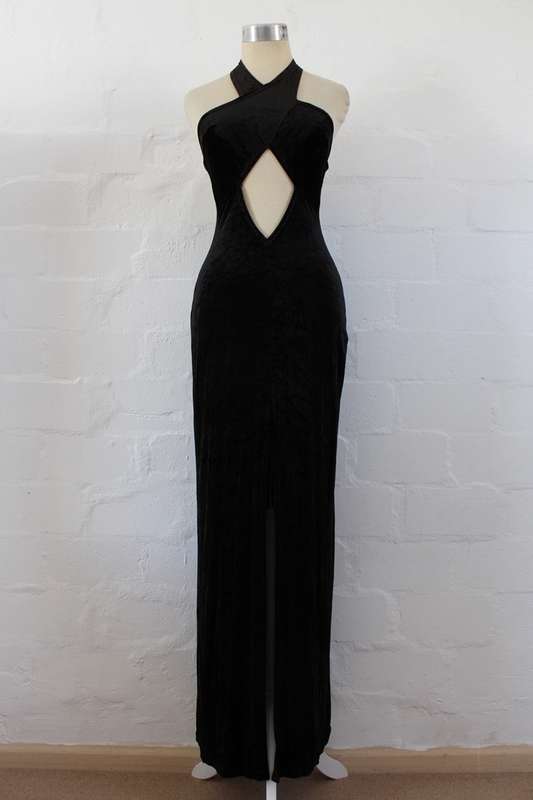 VINTAGE BLACK VELVET CUT-OUT MAXI EVENING GOWN DRESS - SIZE 10