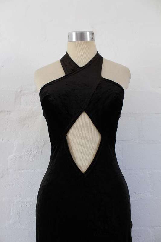 VINTAGE BLACK VELVET CUT-OUT MAXI EVENING GOWN DRESS - SIZE 10