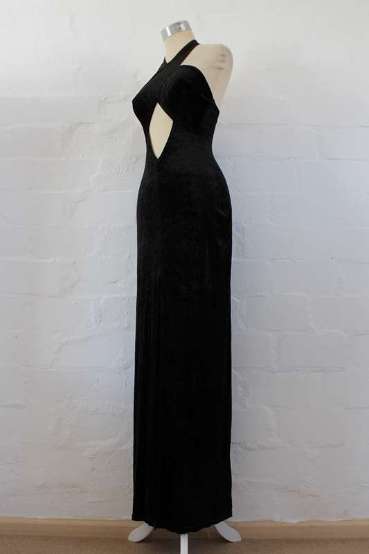 VINTAGE BLACK VELVET CUT-OUT MAXI EVENING GOWN DRESS - SIZE 10
