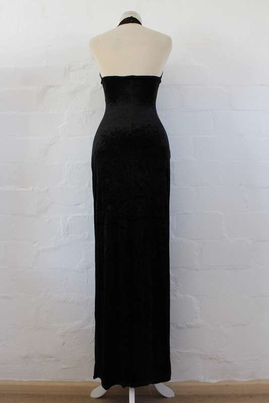 VINTAGE BLACK VELVET CUT-OUT MAXI EVENING GOWN DRESS - SIZE 10