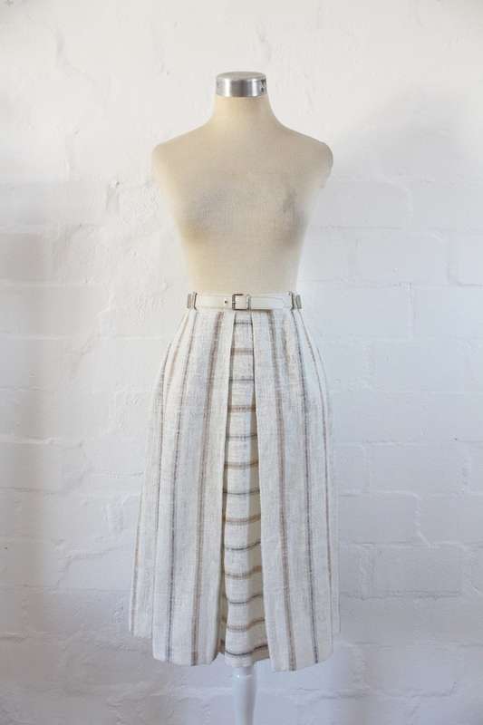 VINTAGE STRIPED BEIGE BELTED A-LINE SKIRT - SIZE 8