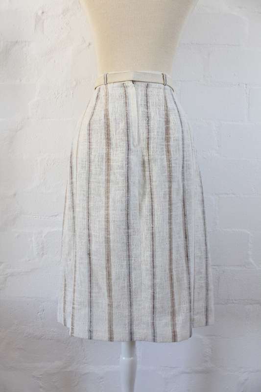 VINTAGE STRIPED BEIGE BELTED A-LINE SKIRT - SIZE 8
