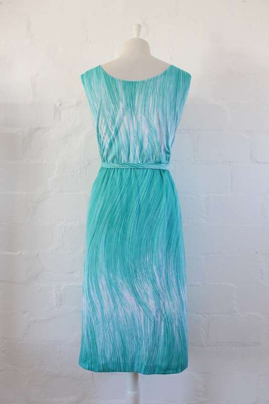 VINTAGE GREEN WHITE BELTED SLEEVELESS DAY DRESS - SIZE 14