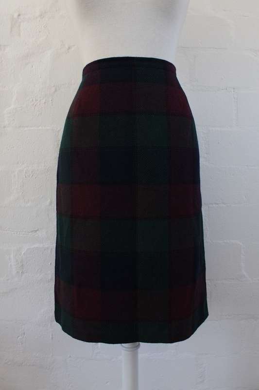 VINTAGE TARTAN PLAID CHECK GREEN RED PENCIL SKIRT - SIZE 12