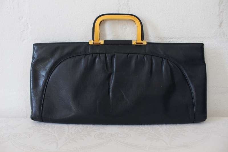 VINTAGE GENUINE LEATHER BLUE GOLD HANDLES CLUTCH BAG PURSE