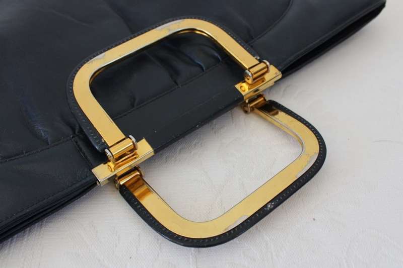 VINTAGE GENUINE LEATHER BLUE GOLD HANDLES CLUTCH BAG PURSE