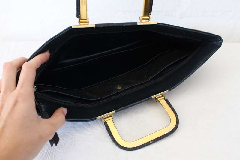 VINTAGE GENUINE LEATHER BLUE GOLD HANDLES CLUTCH BAG PURSE