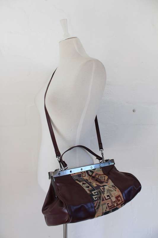VINTAGE GENUINE LEATHER MAROON TAPESTRY GLADSTONE BAG HANDBAG