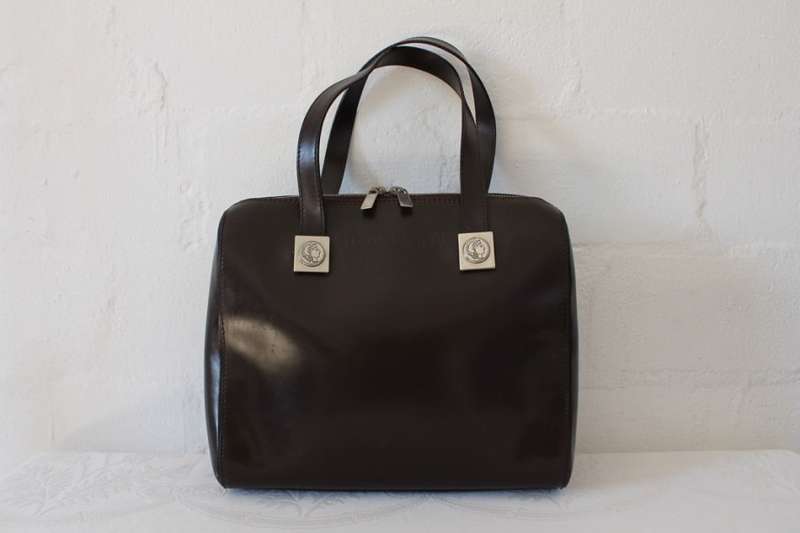 *LUCIANO SOPRANI* DESIGNER BROWN PATENT LEATHER TOTE HANDBAG BAG