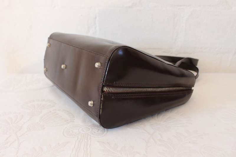 *LUCIANO SOPRANI* DESIGNER BROWN PATENT LEATHER TOTE HANDBAG BAG