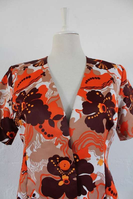 VINTAGE ORANGE BROWN FLORAL PRINT SHORT SLEEVE JACKET TOP - SIZE 12