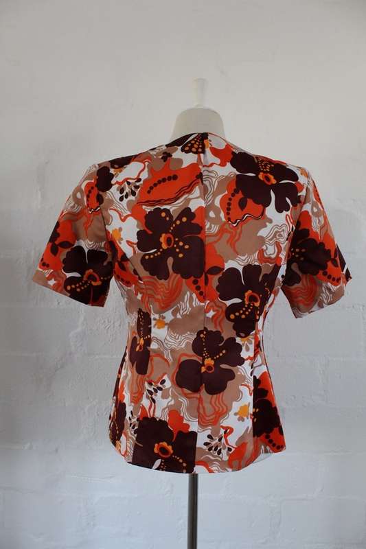 VINTAGE ORANGE BROWN FLORAL PRINT SHORT SLEEVE JACKET TOP - SIZE 12