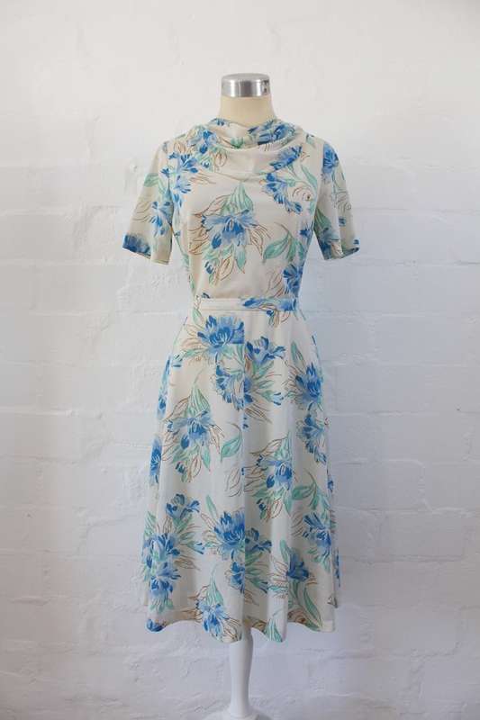 VINTAGE BLUE CREAM FLORAL PRINT COWL NECK DAY DRESS - SIZE 10