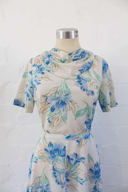 VINTAGE BLUE CREAM FLORAL PRINT COWL NECK DAY DRESS - SIZE 10