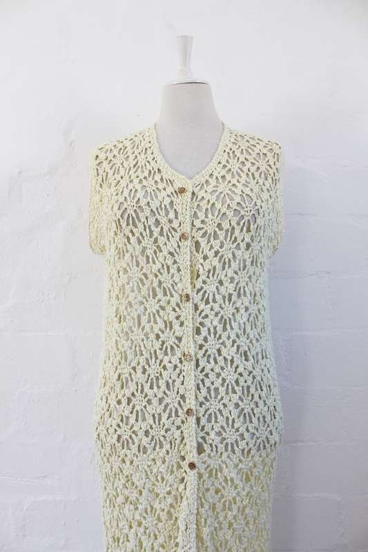VINTAGE YELLOW CROCHET KNITTED MAXI JERSEY TOP - SIZE L