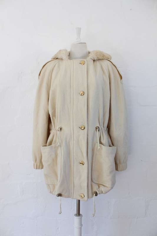 VINTAGE FAUX FUR HOODED CREAM WOOL PARKA JACKET COAT - SIZE L