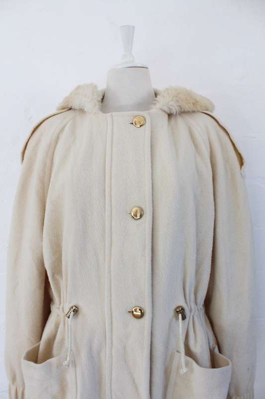 VINTAGE FAUX FUR HOODED CREAM WOOL PARKA JACKET COAT - SIZE L