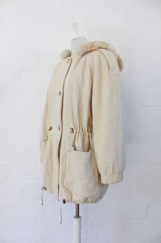 VINTAGE FAUX FUR HOODED CREAM WOOL PARKA JACKET COAT - SIZE L