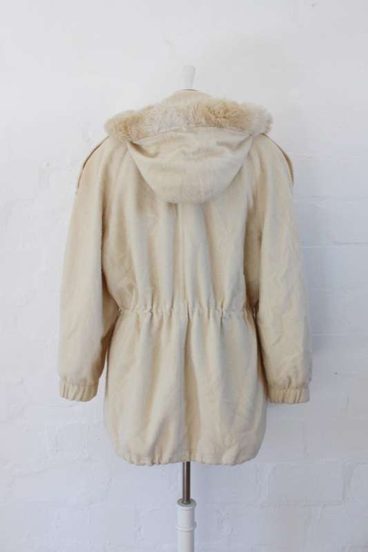 VINTAGE FAUX FUR HOODED CREAM WOOL PARKA JACKET COAT - SIZE L
