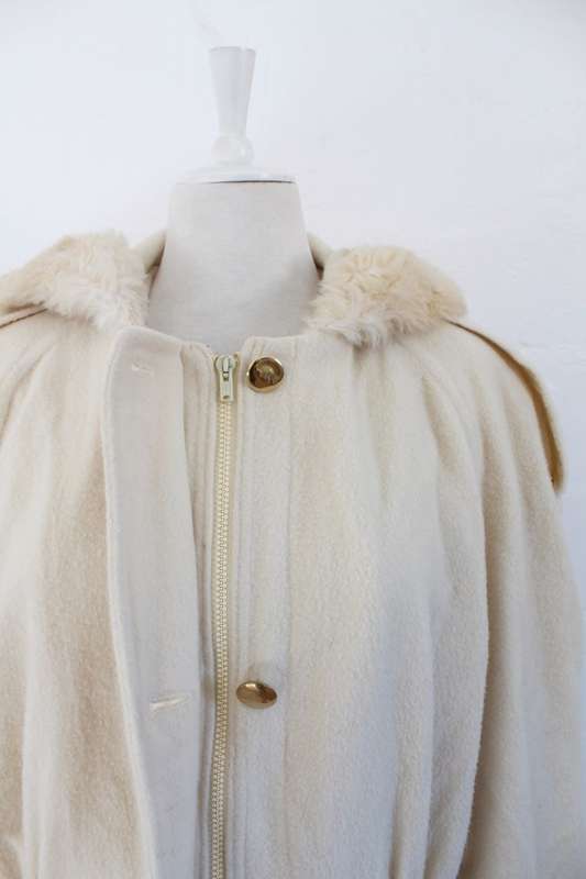 VINTAGE FAUX FUR HOODED CREAM WOOL PARKA JACKET COAT - SIZE L