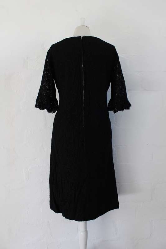VINTAGE BLACK LACE 3/4 SLEEVE COCKTAIL EVENING DRESS - SIZE 12