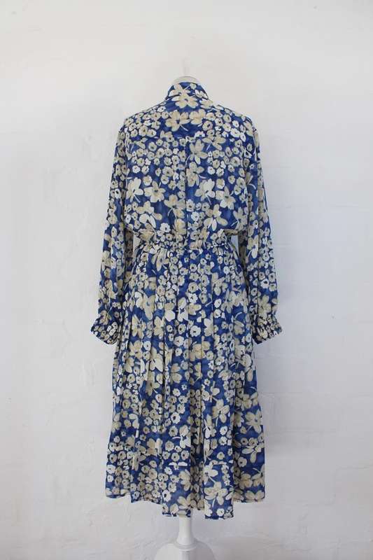 VINTAGE FLORAL PRINT BLUE CREAM PLEATED LONG SLEEVE DAY DRESS - SIZE 16
