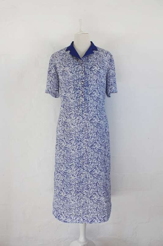 VINTAGE BLUE WHITE SPLATTER PRINT SHORT SLEEVE DAY DRESS - SIZE 18