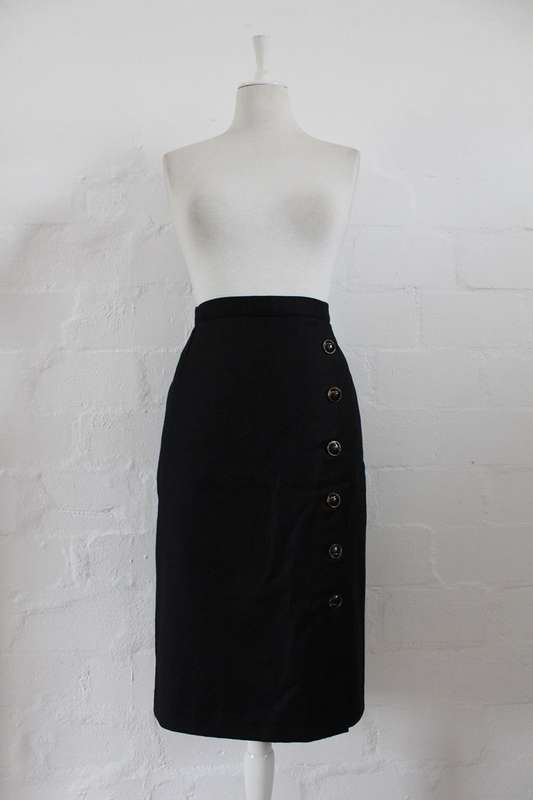 VINTAGE BUTTON DOWN BLACK WOOL PENCIL SKIRT - SIZE