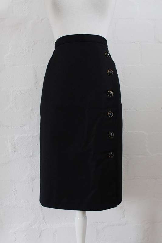 VINTAGE BUTTON DOWN BLACK WOOL PENCIL SKIRT - SIZE