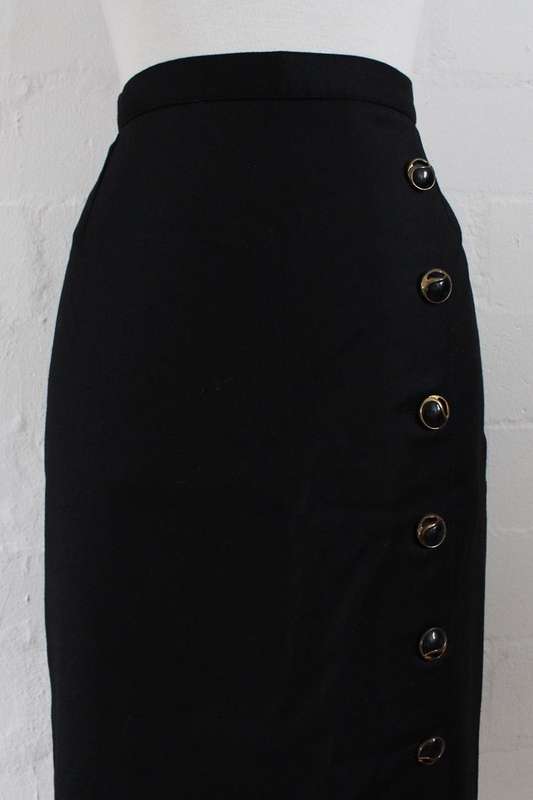 VINTAGE BUTTON DOWN BLACK WOOL PENCIL SKIRT - SIZE