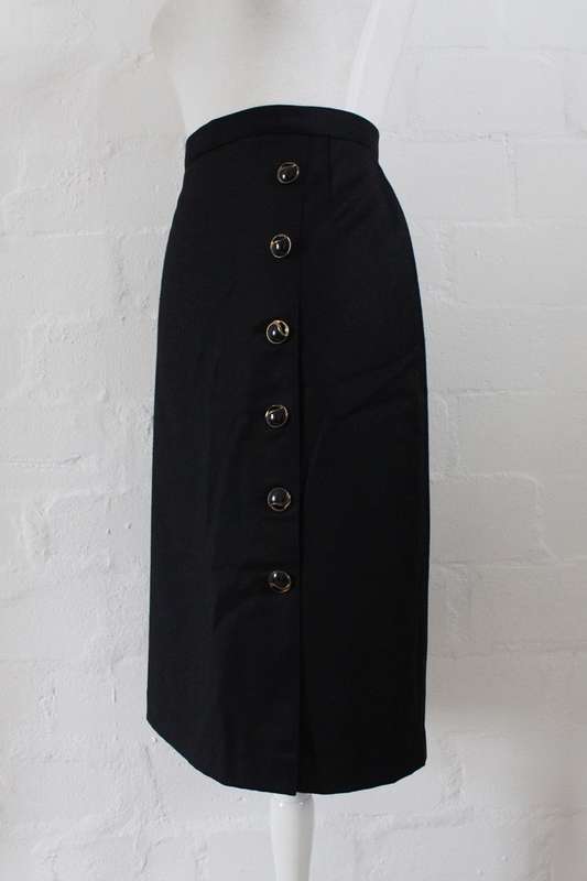 VINTAGE BUTTON DOWN BLACK WOOL PENCIL SKIRT - SIZE
