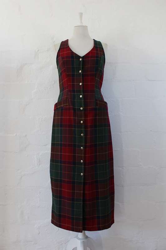 VINTAGE RED GREEN PLAID CHECK PRINT BUTTON DOWN DRESS - SIZE 10