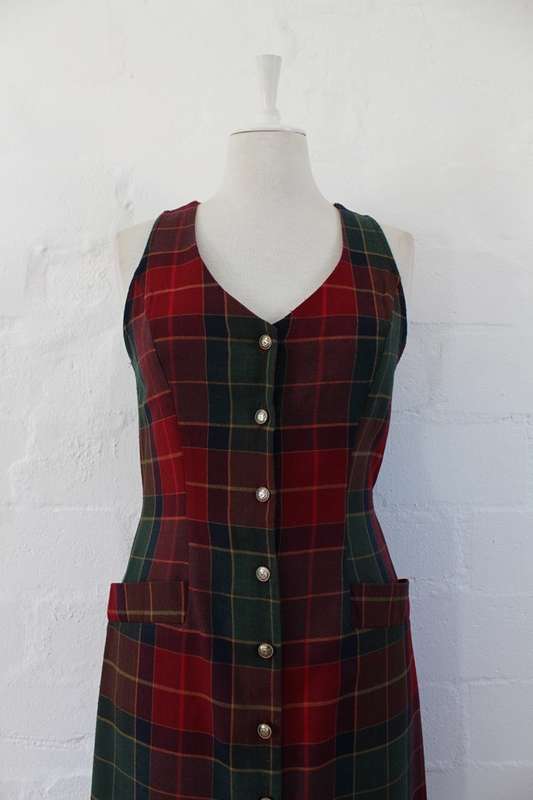 VINTAGE RED GREEN PLAID CHECK PRINT BUTTON DOWN DRESS - SIZE 10