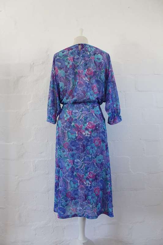 VINTAGE BLUE PURPLE FLORAL PRINT DAY DRESS - SIZE 16