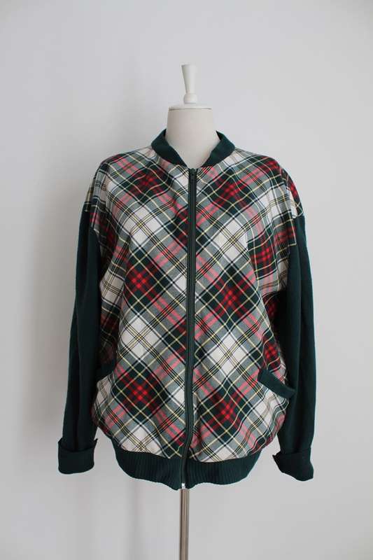 VINTAGE GREEN WHITE RED TARTAN PLAID CHECK BOMBER JACKET - SIZE 16