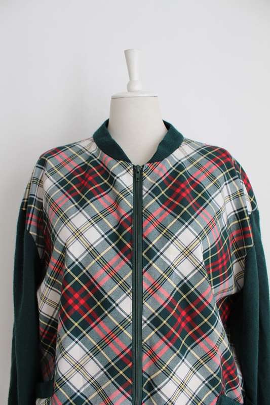 VINTAGE GREEN WHITE RED TARTAN PLAID CHECK BOMBER JACKET - SIZE 16