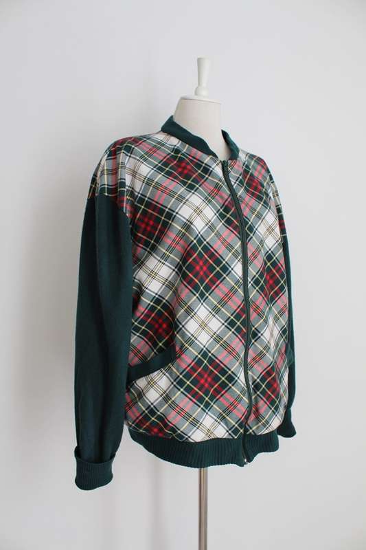 VINTAGE GREEN WHITE RED TARTAN PLAID CHECK BOMBER JACKET - SIZE 16